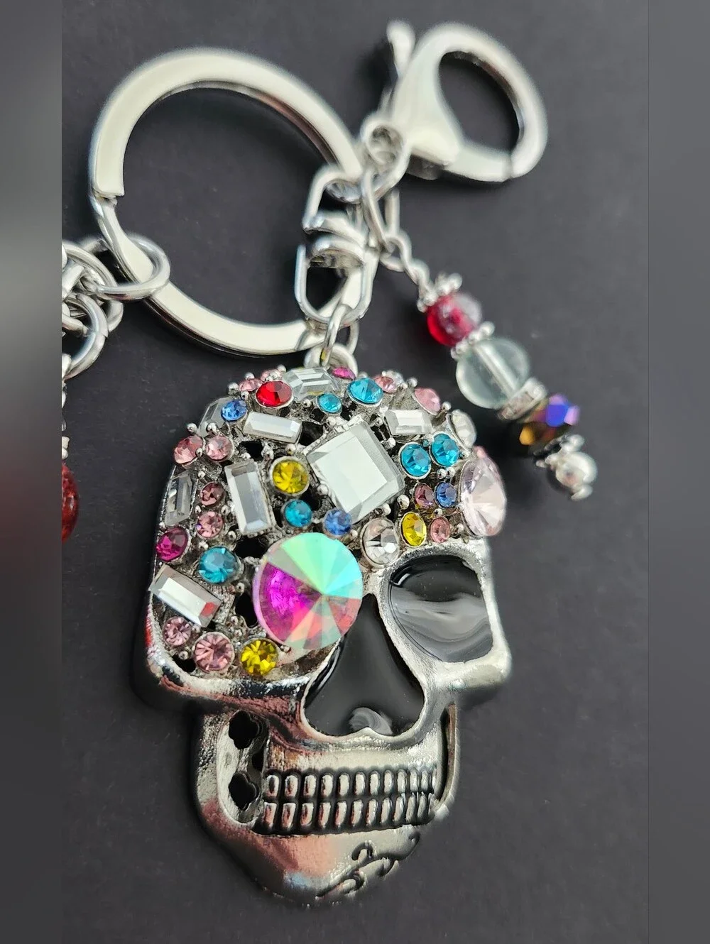 Skull Rhinestone Purse Charm or Keychain  Quartz Jasper Carnelian Handcrafted